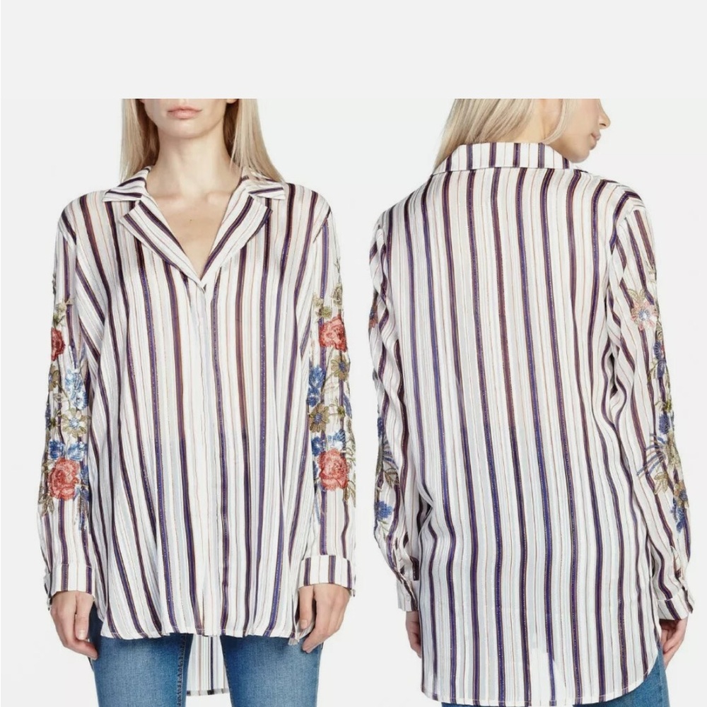 Aratta Limits of the Sea Striped Floral Embroidered Women's Top